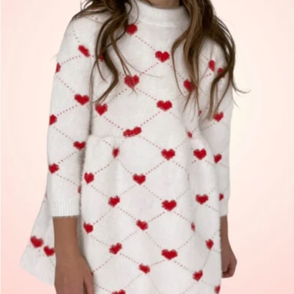 Lola & the Boys - Sweetheart Sweater Sweater Dress- White with Red Hearts